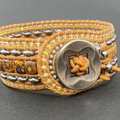Kit Picasso Brown Topaz Wide Leather Beaded Cuff..