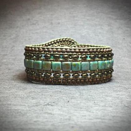 Kit Wide Leather Beaded Cuff Bonny Mustard Puce..