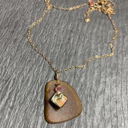 Beach Glass Necklace And Earring Set Abalone Paua..