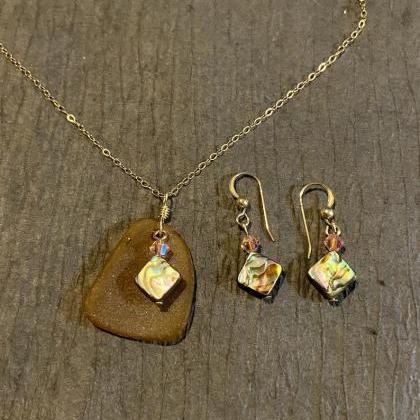 Beach Glass Necklace And Earring Set Abalone Paua..