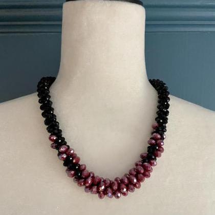 Raspberry And Black Bead Crochet Rope Necklace Red..