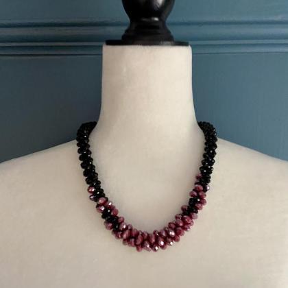 Raspberry And Black Bead Crochet Rope Necklace Red..