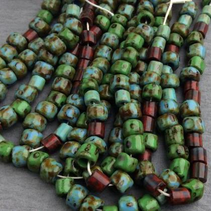 Czech 5/0 Aged Picasso Seed Beads Turquoise Red..
