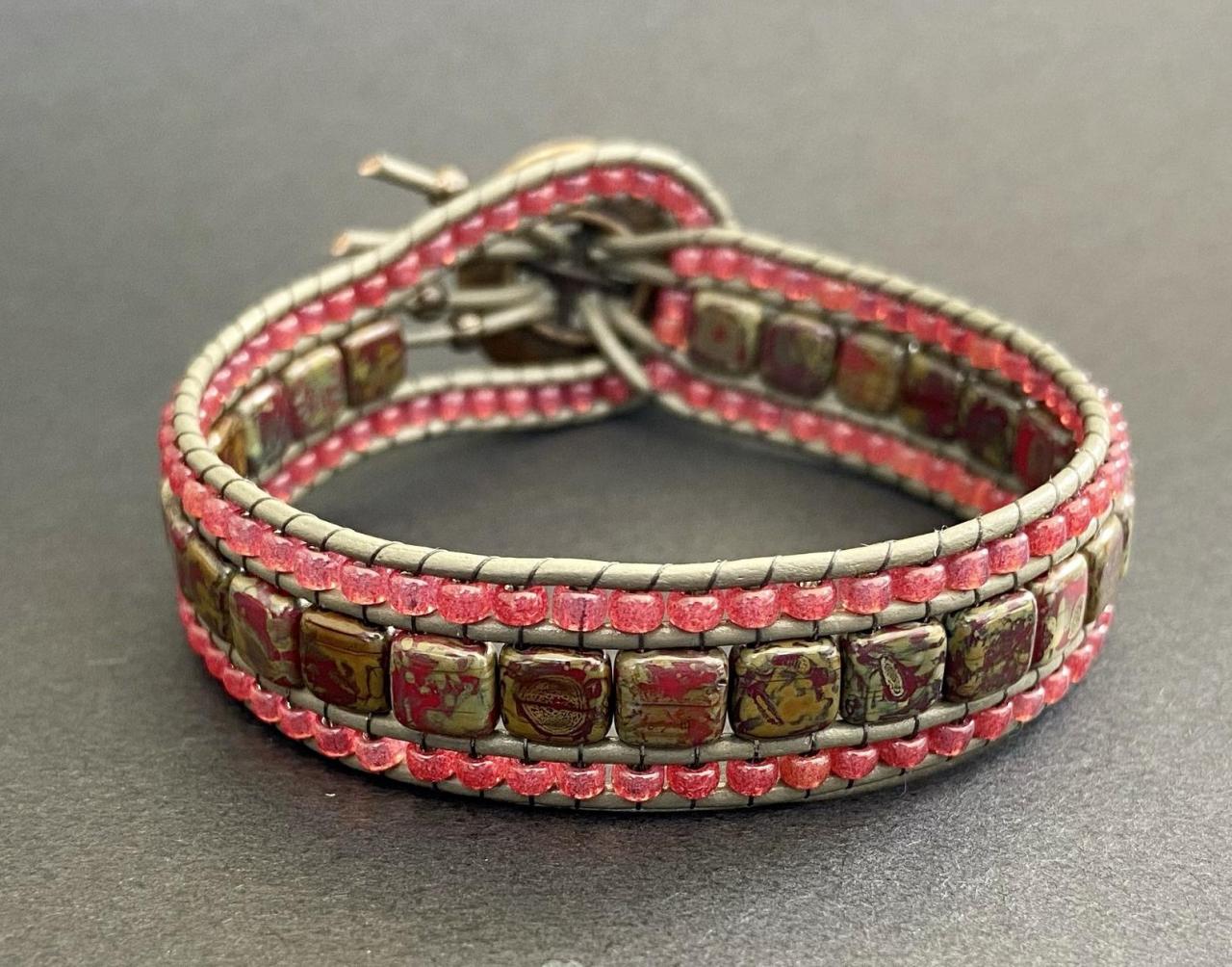 Red Coral Pomegranate Bracelet Cuff Leather Picasso Button Bronze