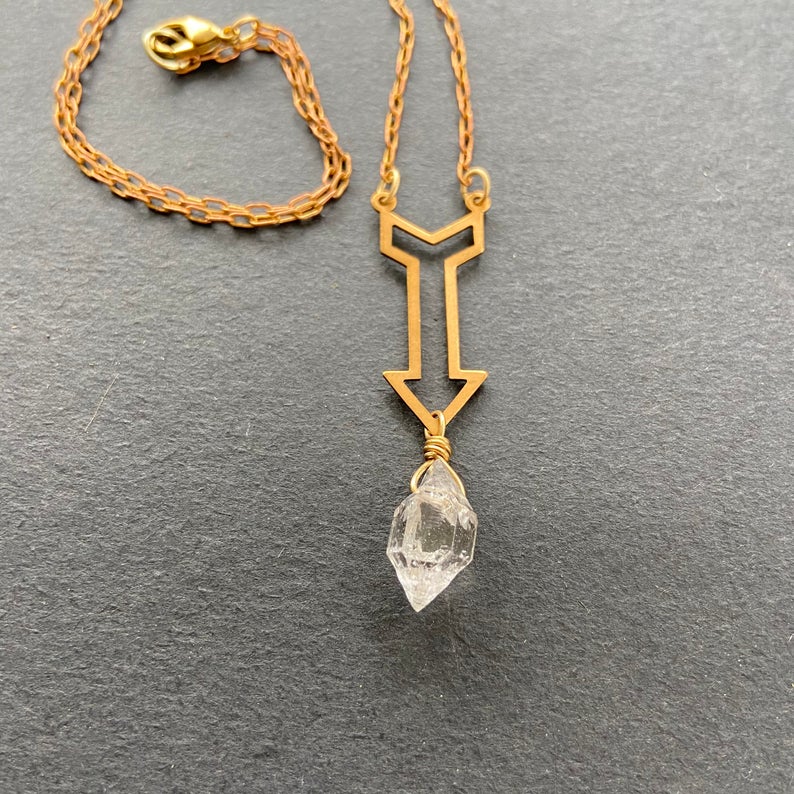 Herkimer Diamond Brass Down Arrow Double Terminated Quartz Crystal Point New Direction Gold on