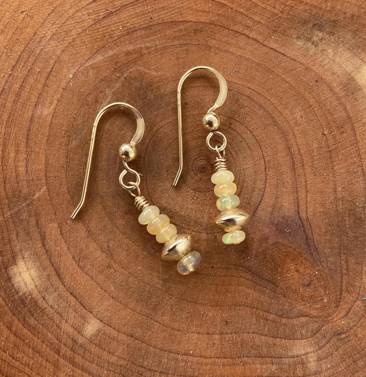 Opal Dangle Earrings Natural 14kt Gold Filled Saucer Smooth Rondelle