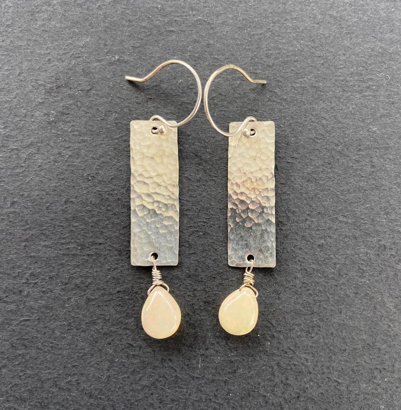 Opal Long Rectangle Drop Dangle Brass Patterned Earrings Earthy Natural Boho Tooled Leather Western 14kt Gold Filled