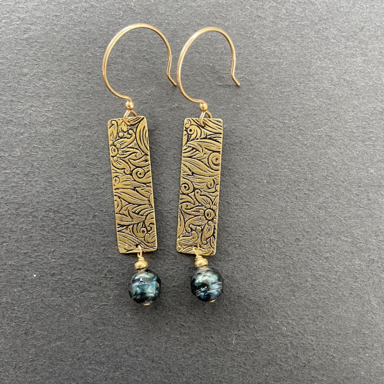 Long Rectangle Drop Dangle Brass Patterned Earrings Earthy Natural Boho Tooled Leather Western 14kt Gold Filled Teal Faceted Pearl