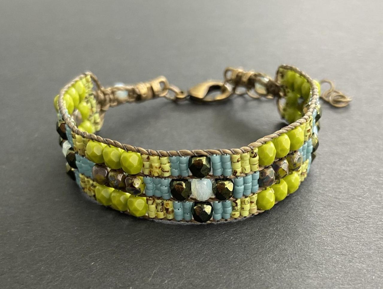 Bracelet Lily Pad Lake Inspired Loom Bracelet Blue Bronze Chartreuse Beaded