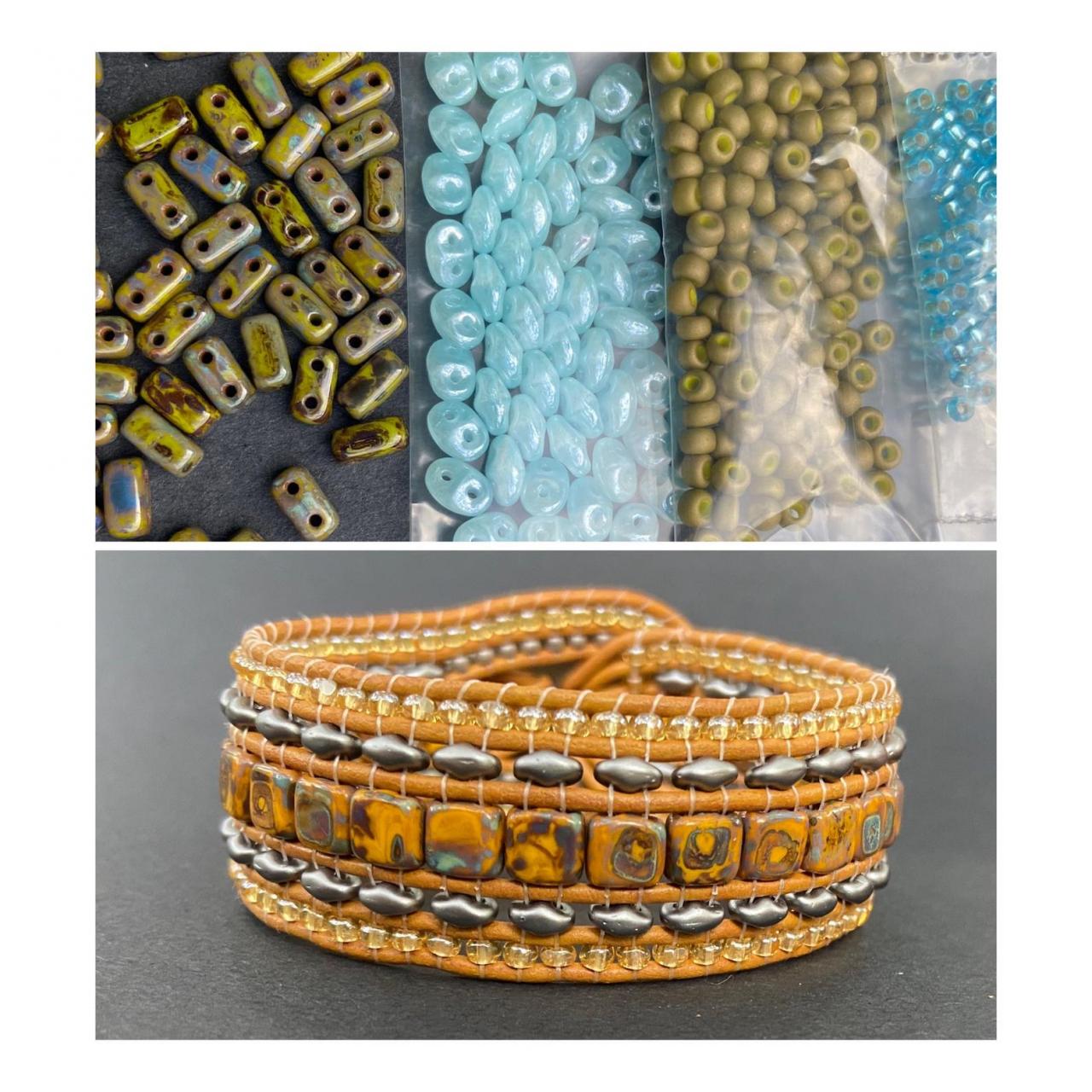 KIT Olive Picasso Blue Wide Leather Beaded Cuff Kit by Leila Martin Bohemian DIY Intermediate Instructions Complete NO Tools