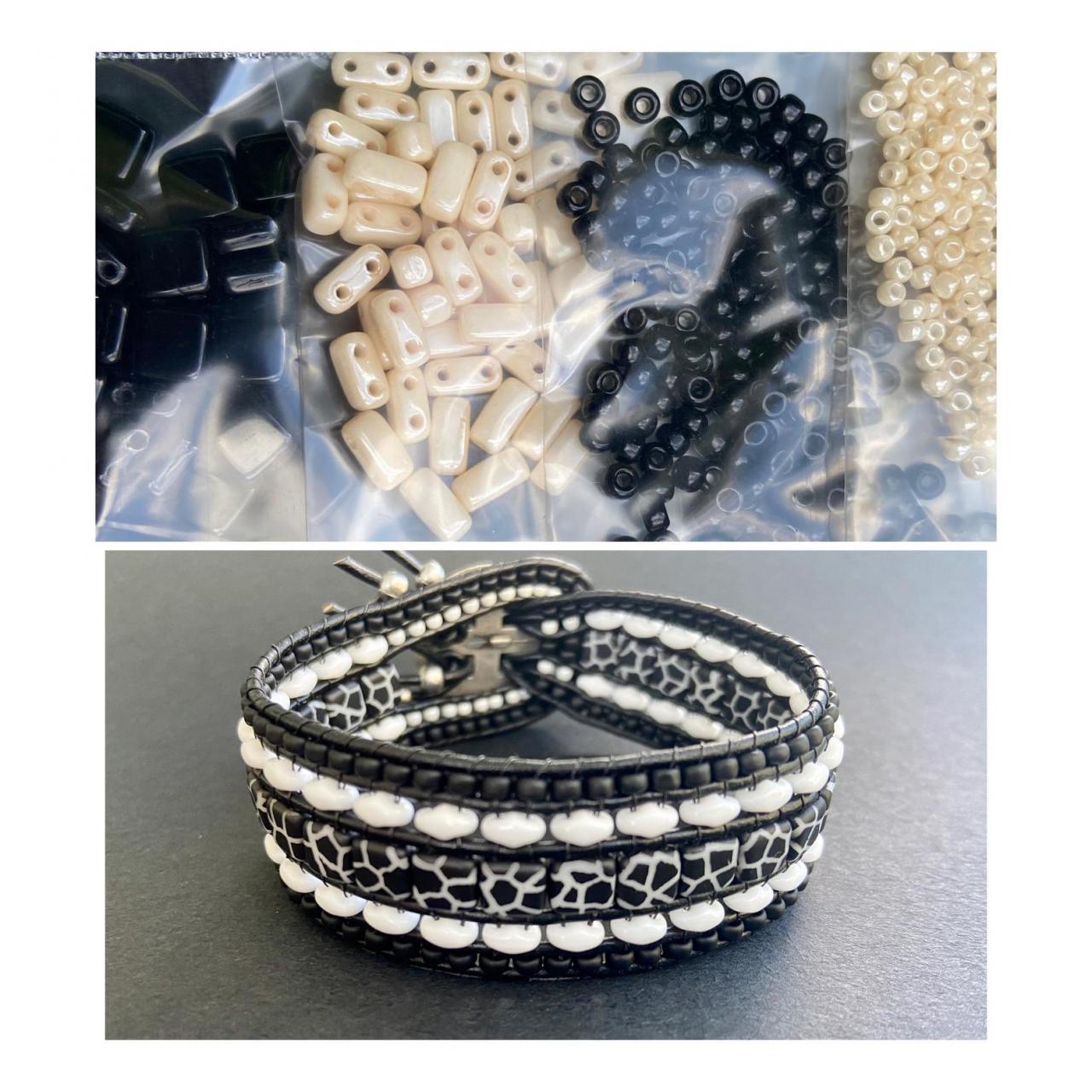 Kit Black & Ivory Wide Leather Beaded Cuff Kit By Leila Martin Bohemian Diy Complete Kit With Tutorial No Tools