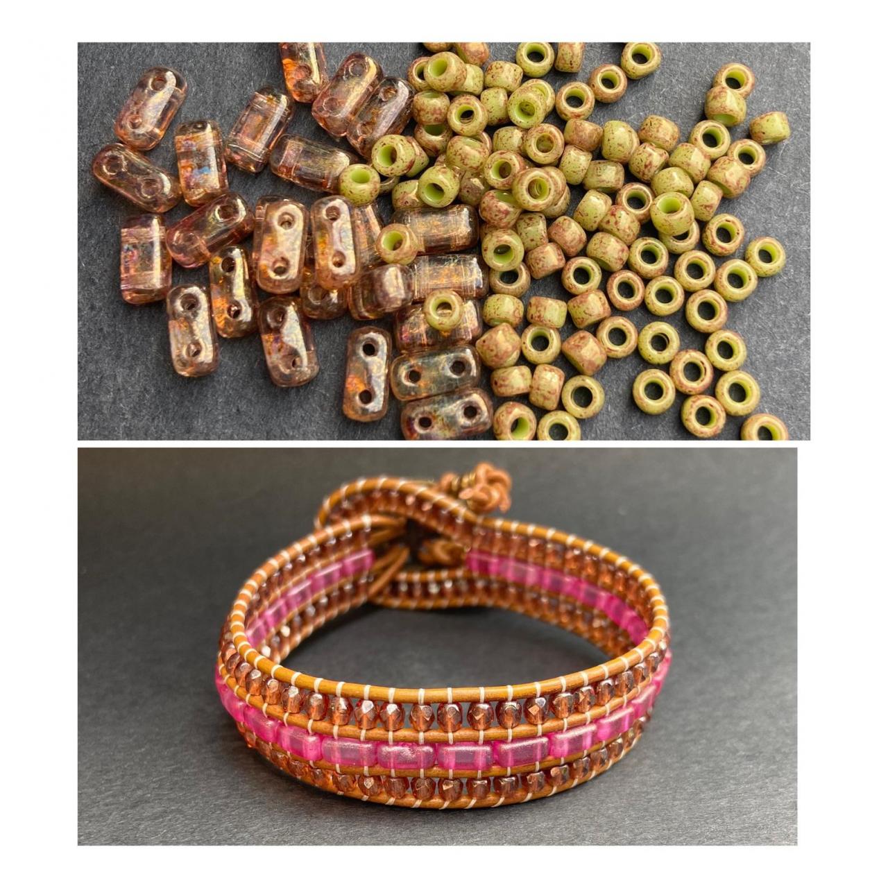 KIT Pink Rose Rust Olive Gold Luster Bracelet Cuff Leather 2-Holed Brick DIY Complete Instructions