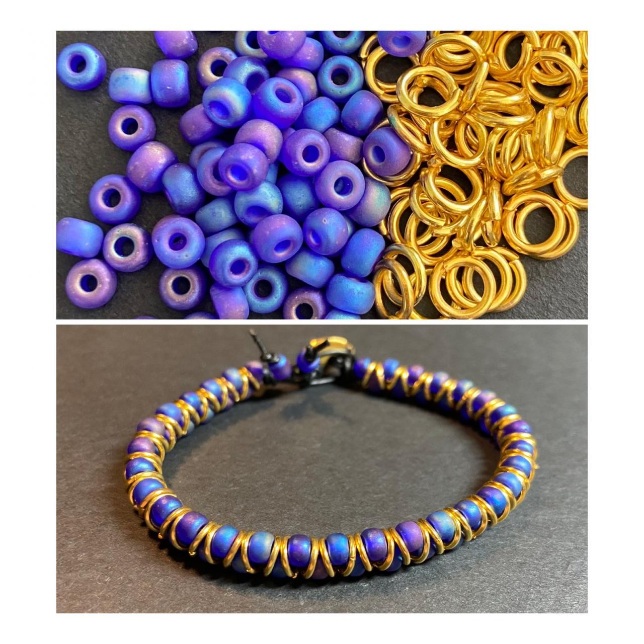 Kit Zig Zag Bracelet Cobalt Blue Purple Ab Rainbow Gold Glass Diy Beginner Easy Button