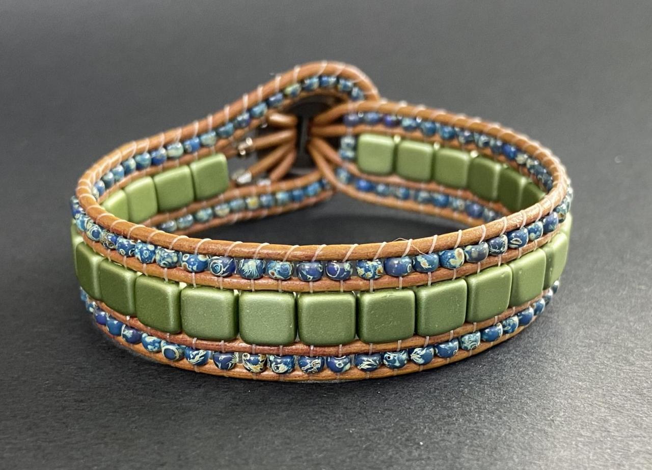 Kit Green Olive Montana Navy Picasso Bracelet Cuff Leather 2-holed Tile Diy Complete Instructions