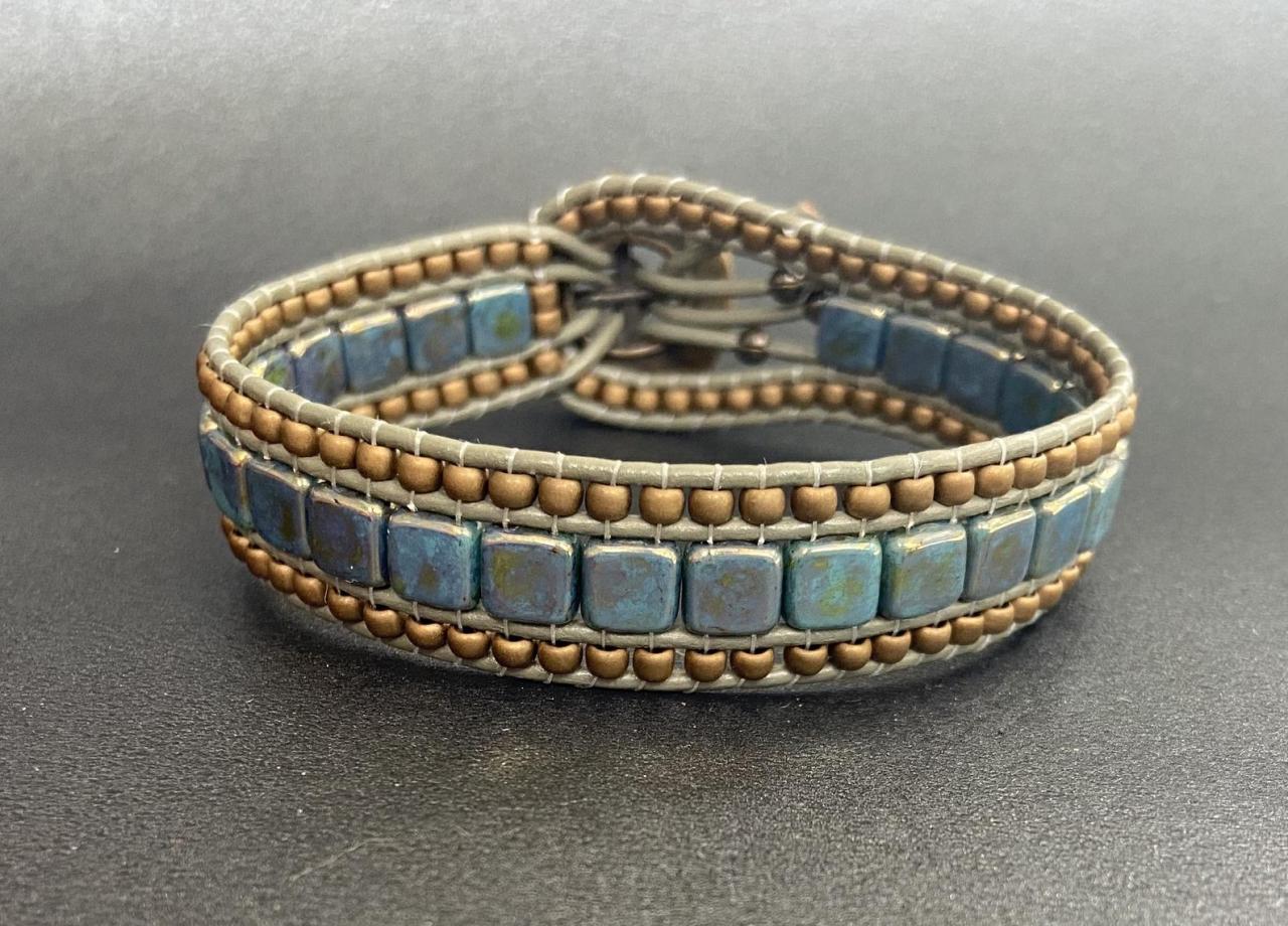 KIT Antique Bronze Turquoise Bracelet Cuff Leather 2-Holed Tile DIY Complete Instructions