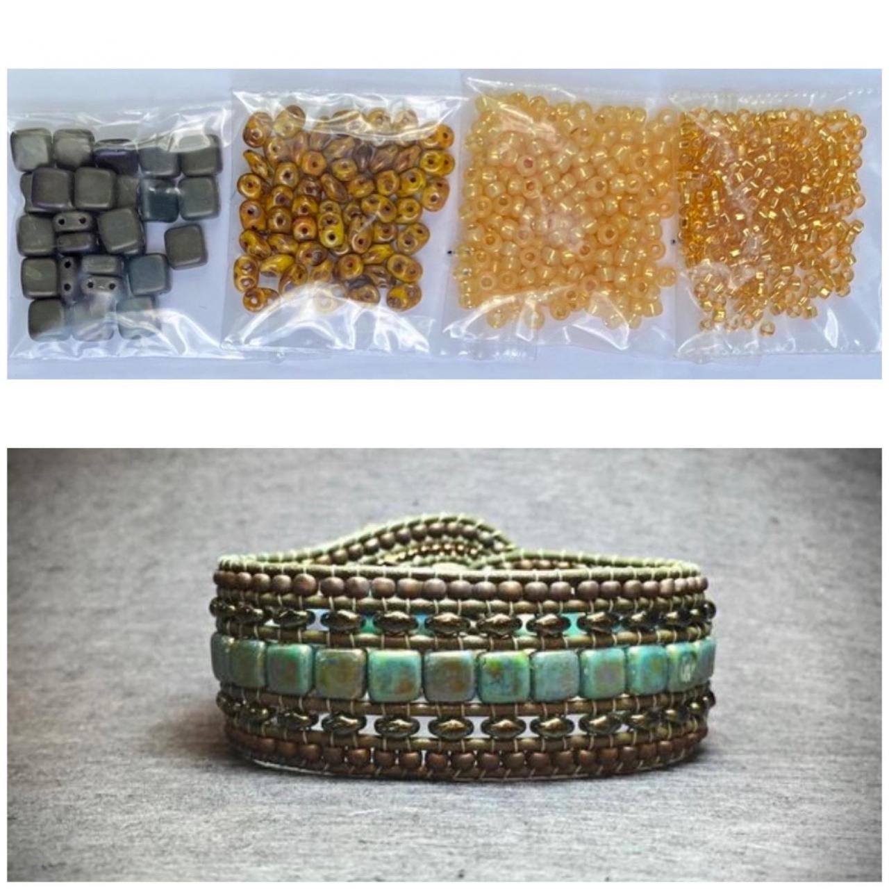 Kit Wide Leather Beaded Cuff Bonny Mustard Picasso Gray Intermediate Instructions Complete No Tools #26