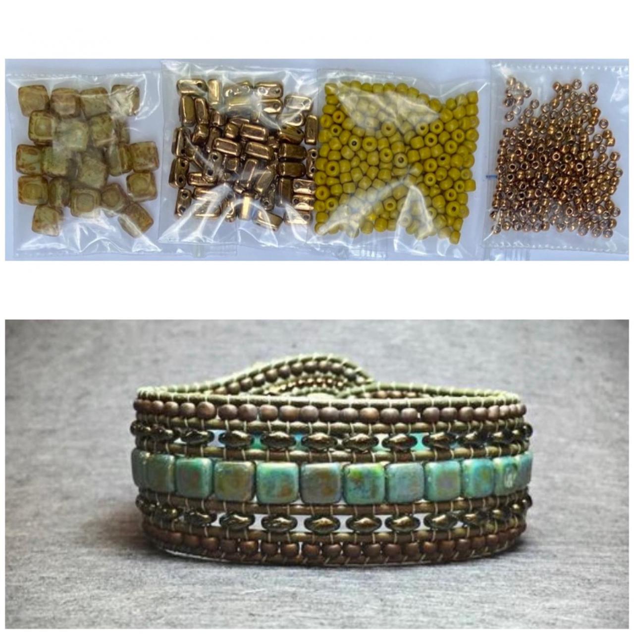 Kit Wide Leather Beaded Cuff Bonny Mustard Puce Bronze Tan Picasso Intermediate Instructions Complete No Tools #25