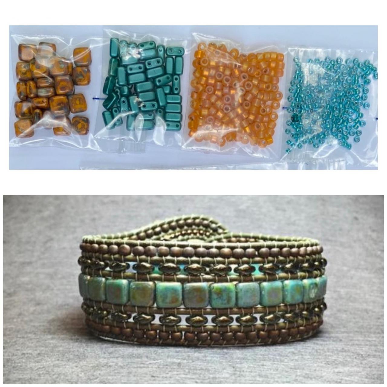KIT Wide Leather Beaded Cuff Bonny Mustard Turquoise Picasso DIY Intermediate Instructions Complete NO Tools #17