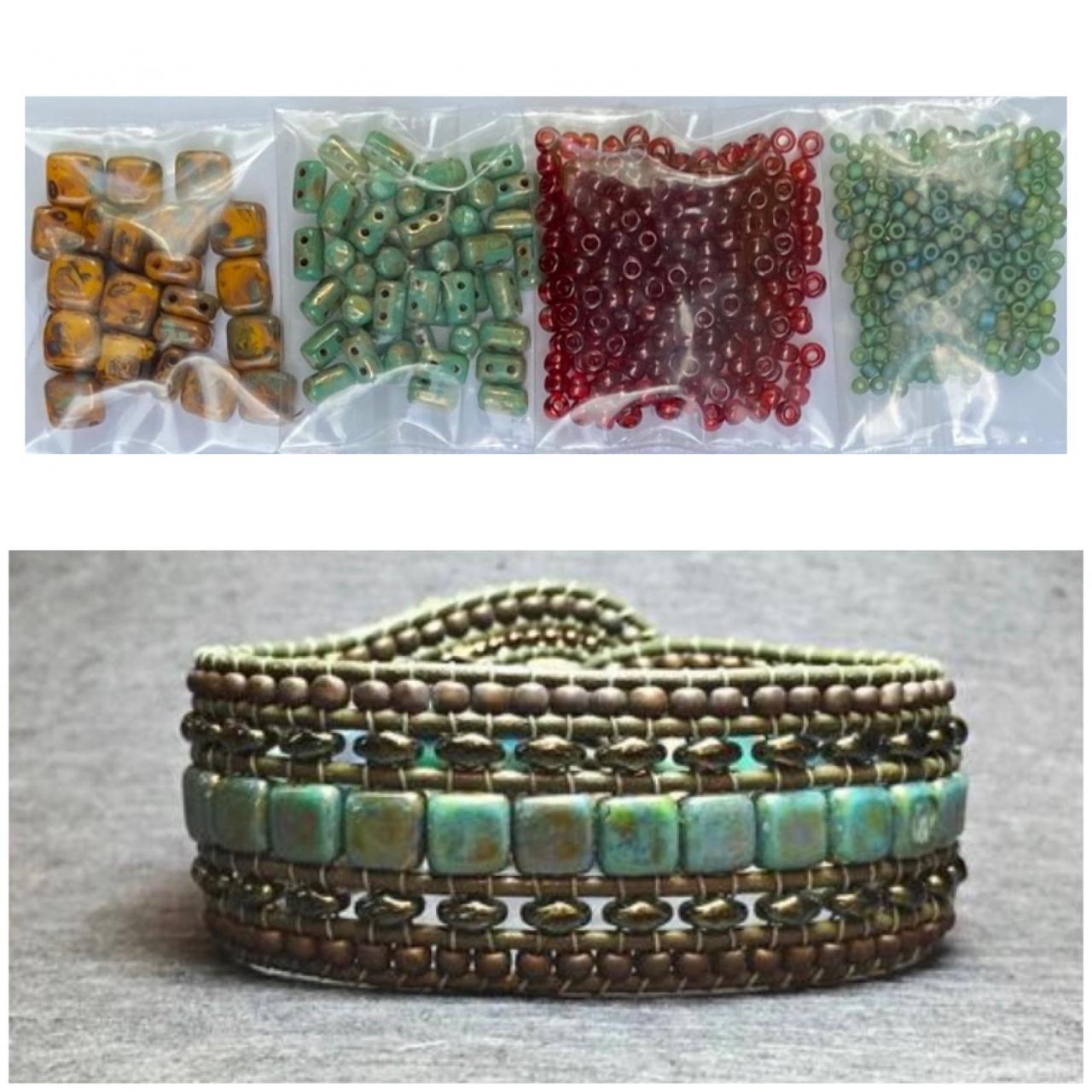 KIT Wide Leather Beaded Cuff Bonny Mustard Garnet Turquoise Picasso DIY Intermediate Instructions Complete NO Tools #15