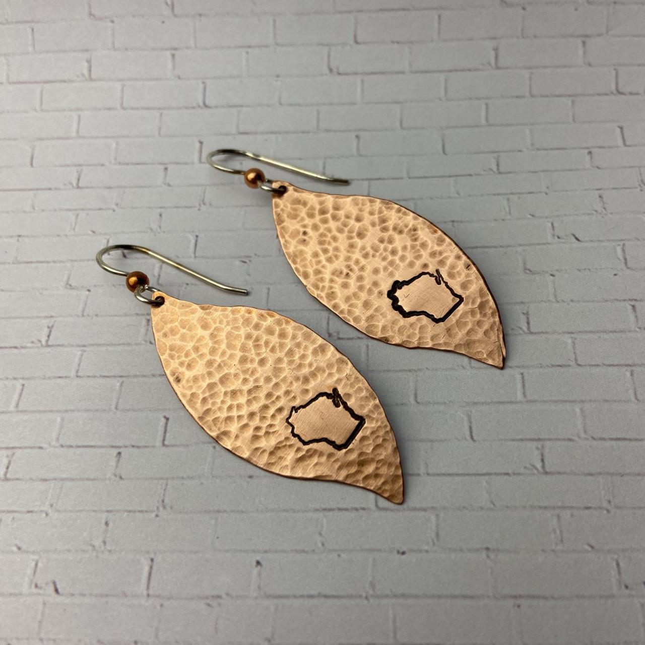 Wisconsin State Pride Badgers Cheesehead Cheese Midwest Girl Stamped Hammered Long Leaf Copper Earring