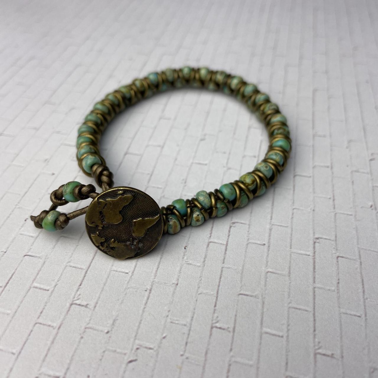 Earth Button Zig Zag Bracelet Antique Gold Seafoam Picasso Japanese Glass Seed Bead Bronze Leather Finished Bracelet