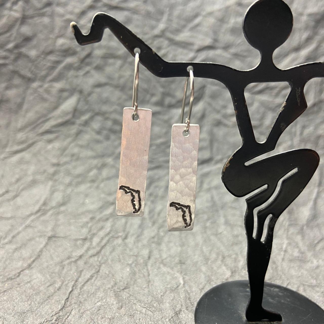 Florida State Pride Hand Stamped Long Silver Earrings Floridian Sunshine Gators