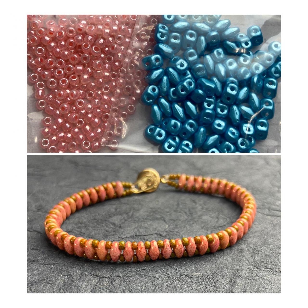 Kit Coral Pink Turquoise Blue Simple Superduo Bracelet Easy No Tools Needed Mix Diy Beginner Fun
