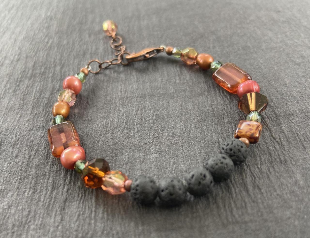 Earth Tone Aromatherapy Essential Oil Diffuser Bracelet Gemstone Healing Lava Stone Brown Pink