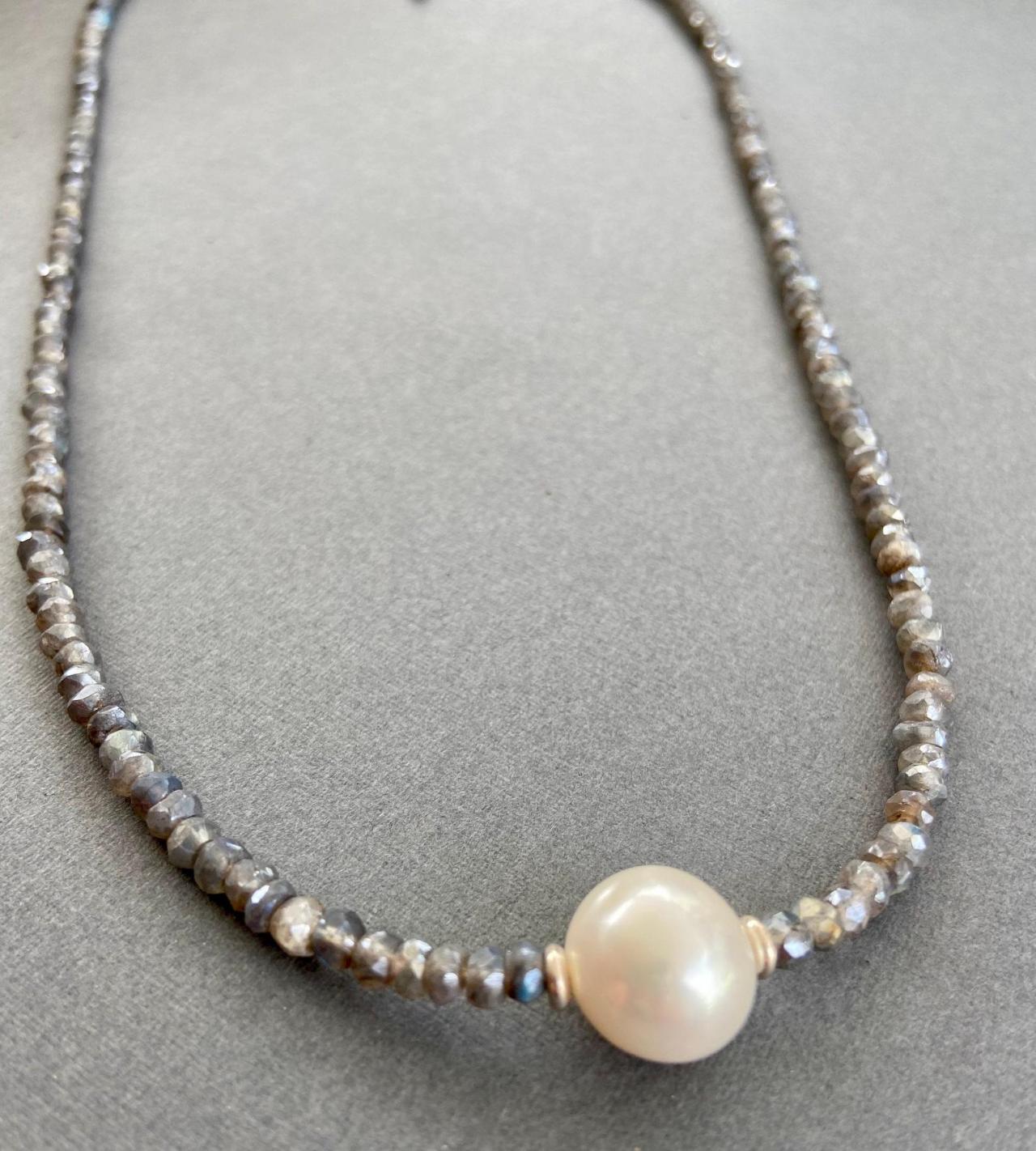 Large Freshwater Pearl Faceted Gray Moonstone Labradorite Minimalist Necklace Adjustable