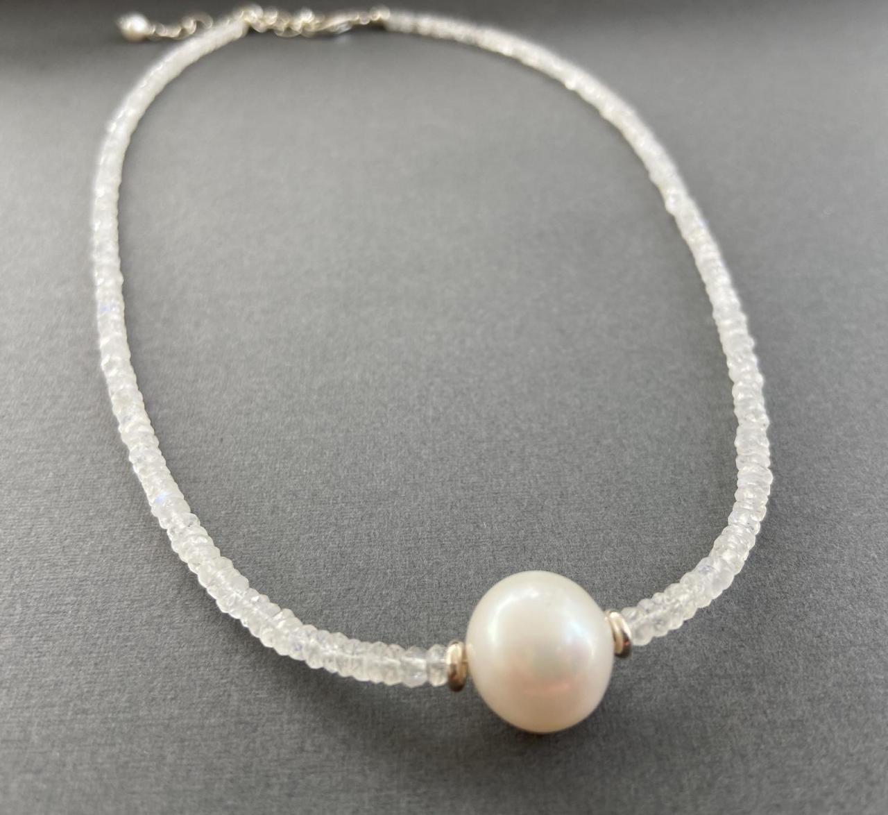Large Freshwater Pearl Faceted White Rainbow Moonstone Minimalist Necklace Adjustable