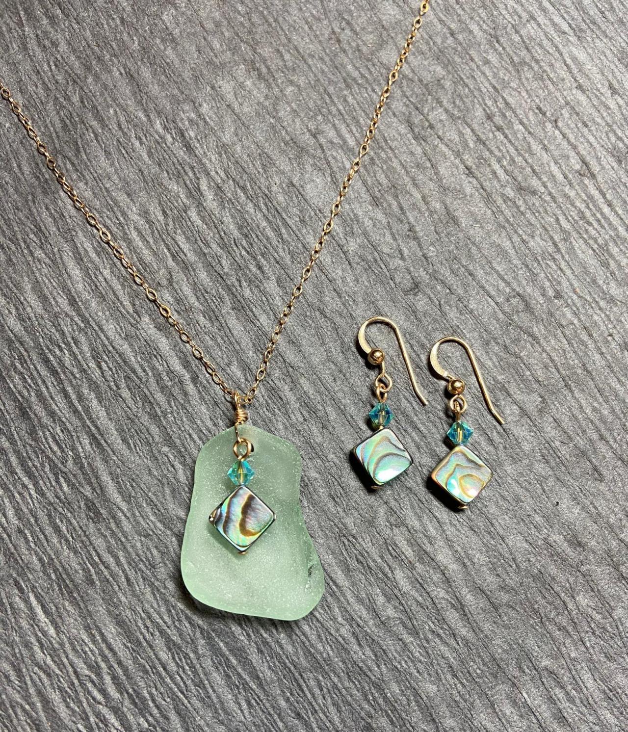 Beach Glass Coke Bottle Necklace And Earring Set Abalone Paua Shell Mermaid Blue Sea Glass Gold Filled Lake Superior