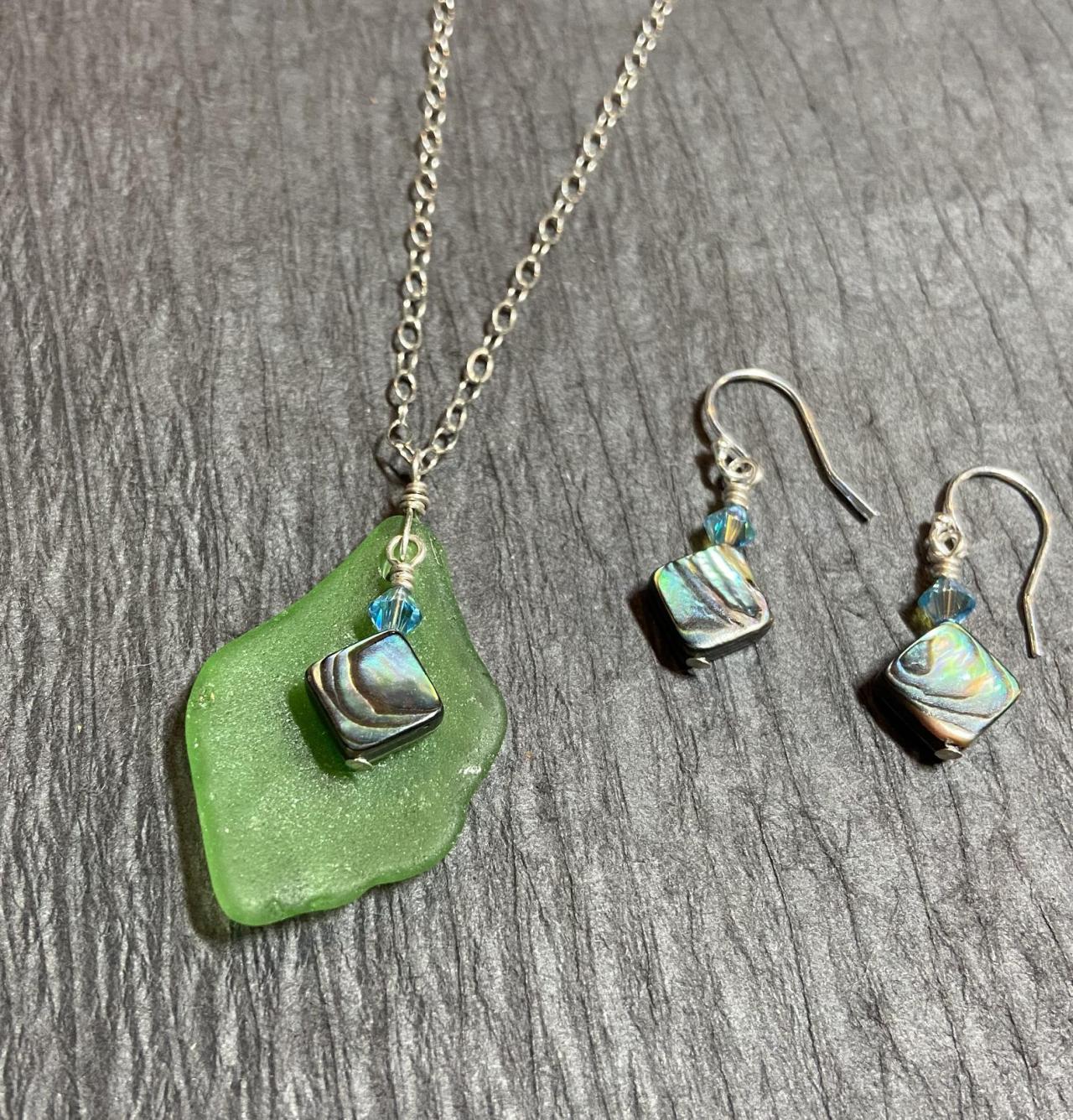Green Lake Superior Beach Glass Abalone Paua Shell Necklace And Earring Set Sterling Silver Mermaid