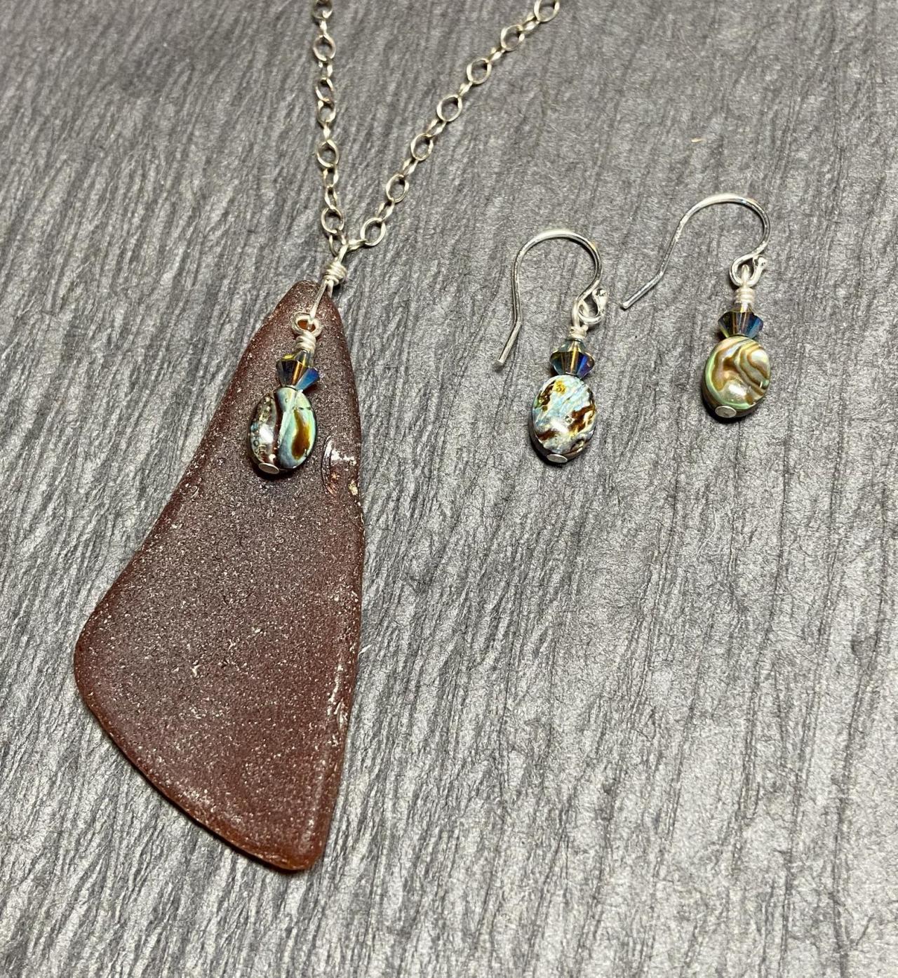 Lake Superior Beach Glass Abalone Paua Shell Necklace And Earring Set Sterling Silver Mermaid Brown Earth
