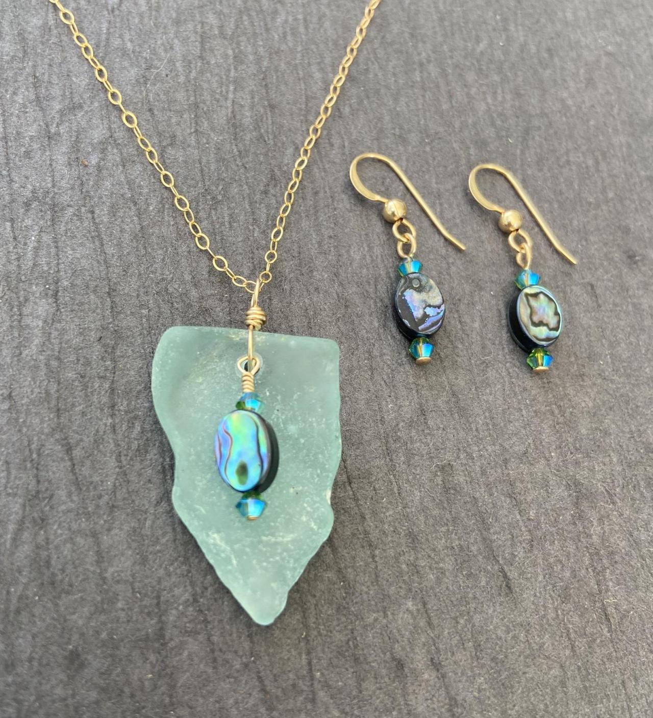 Beach Glass Coke Bottle Necklace And Earring Set Abalone Paua Shell Mermaid Blue Sea Glass Gold Filled Lake Superior