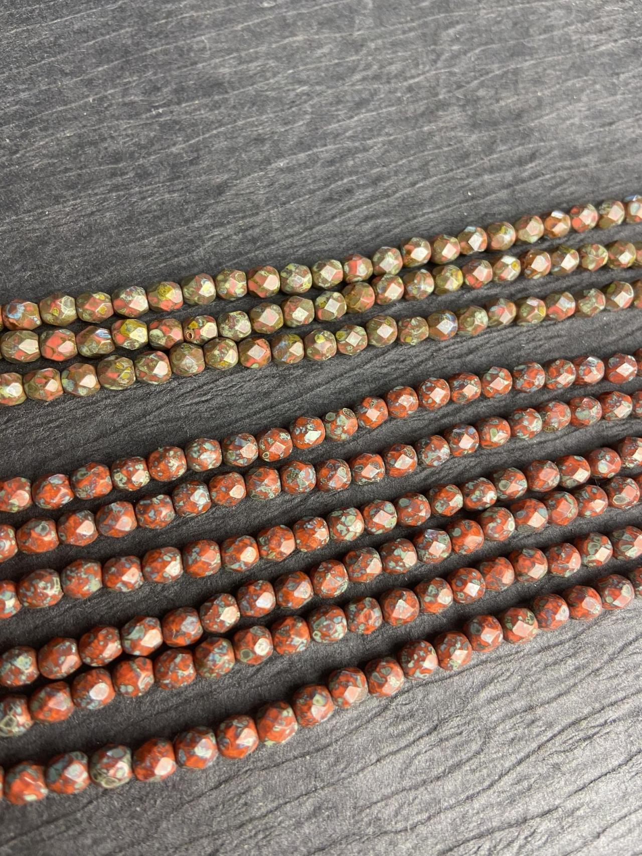 Strand Of 50 4mm Czech Glass Fire Polished Faceted Round Picasso Coral Olive Small Beads Loom
