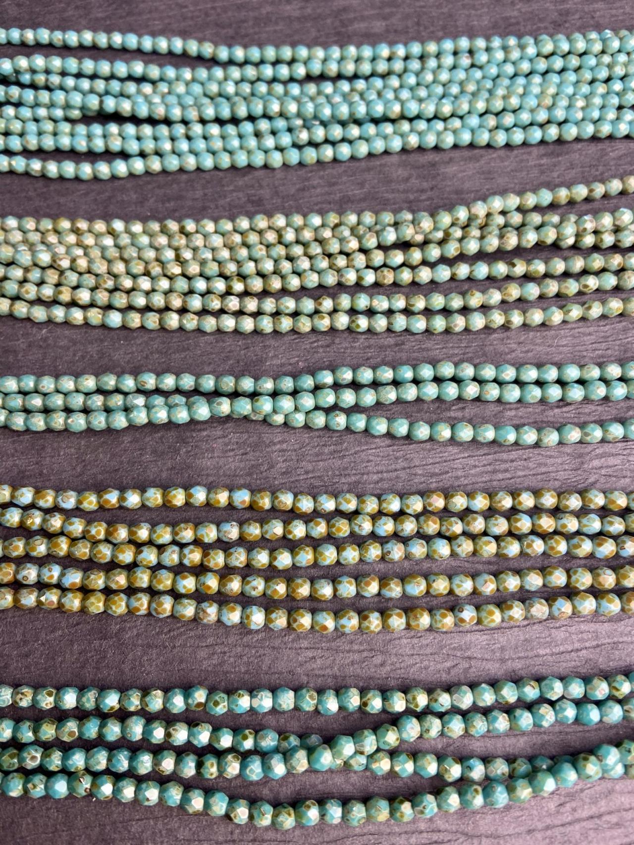 Strand of 50 4mm Czech Glass Fire Polished Faceted Round Picasso Turquoise Small Beads Loom