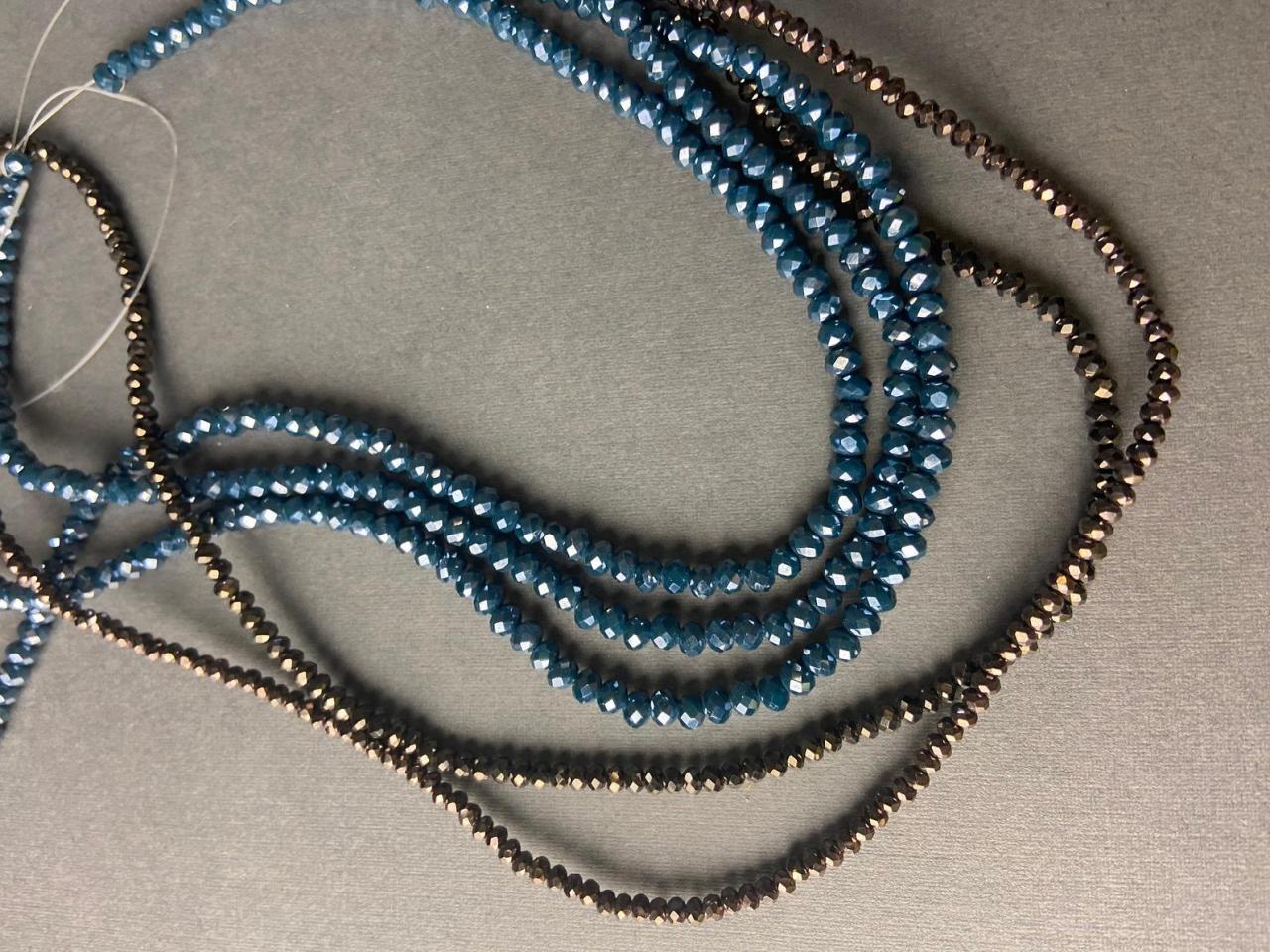 Lot Of 5 Strands Iris Bronze Metallic 3mm 4mm Navy Blue Graduated Crystal Strand Bead Crochet Kit #42