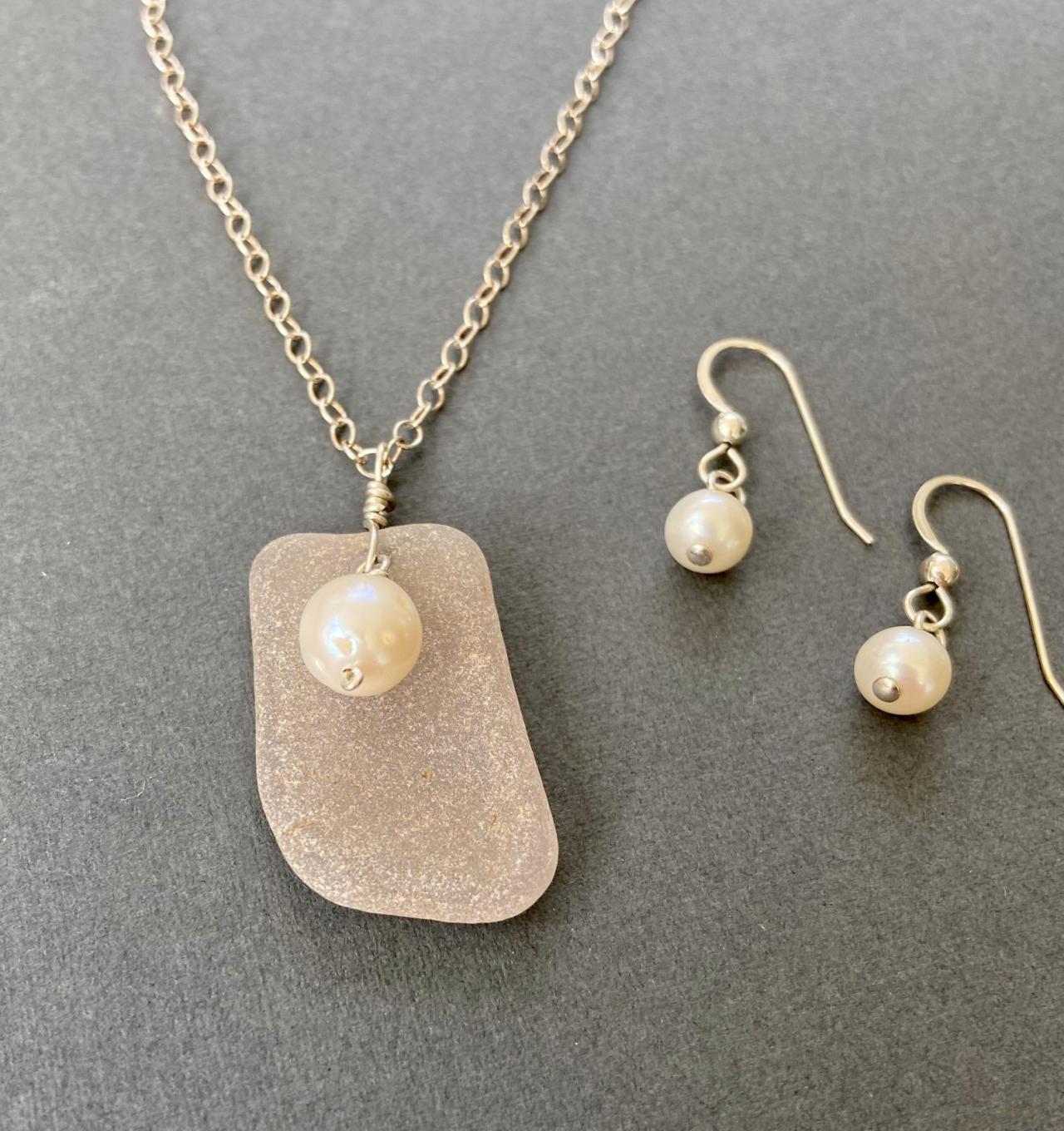 Light Taupe Lavender Lake Superior Beach Glass Necklace Earring Set Freshwater Pearl Sterling Silver
