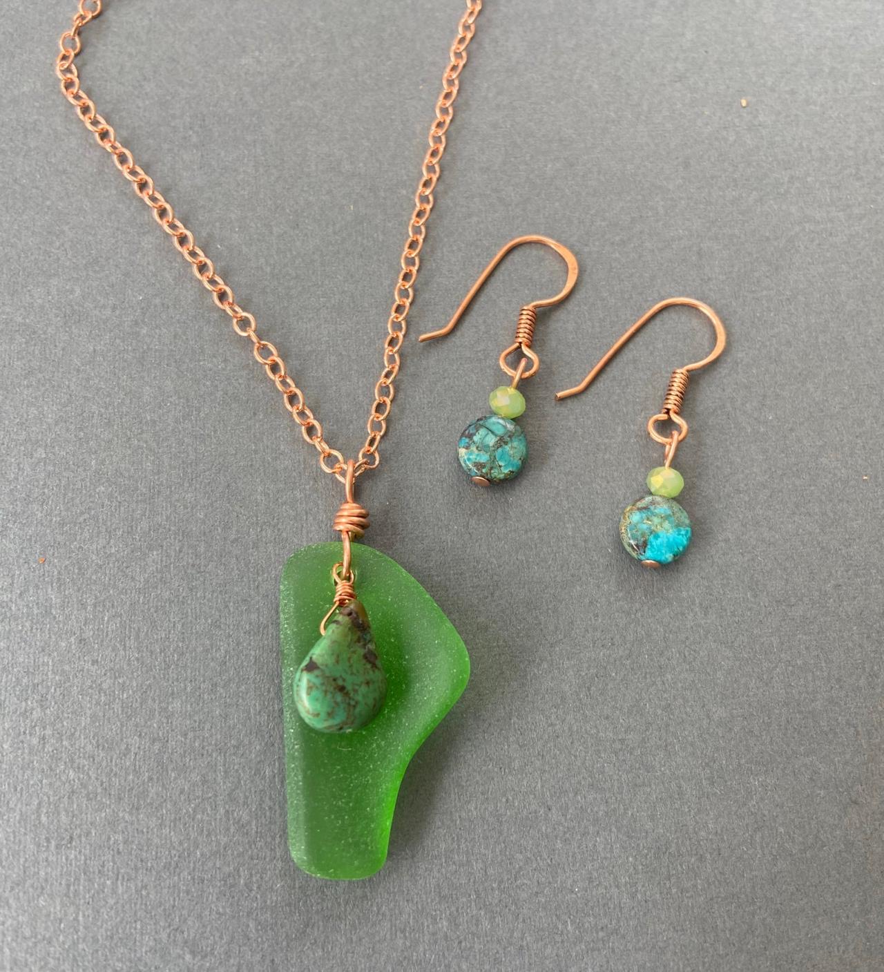 Lake Superior Green Beach Glass Sea Glass Turquoise Copper Necklace Earring Set