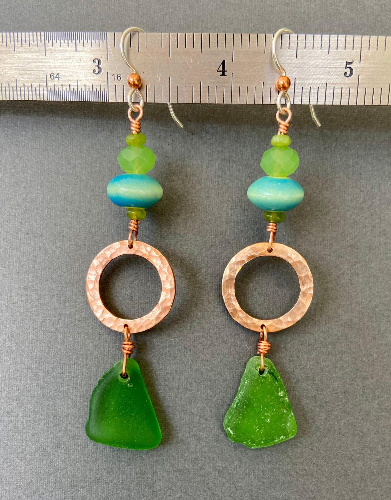 Lake Superior Beach Glass Sea Green Copper Hammered Ring Washer Long Earrings