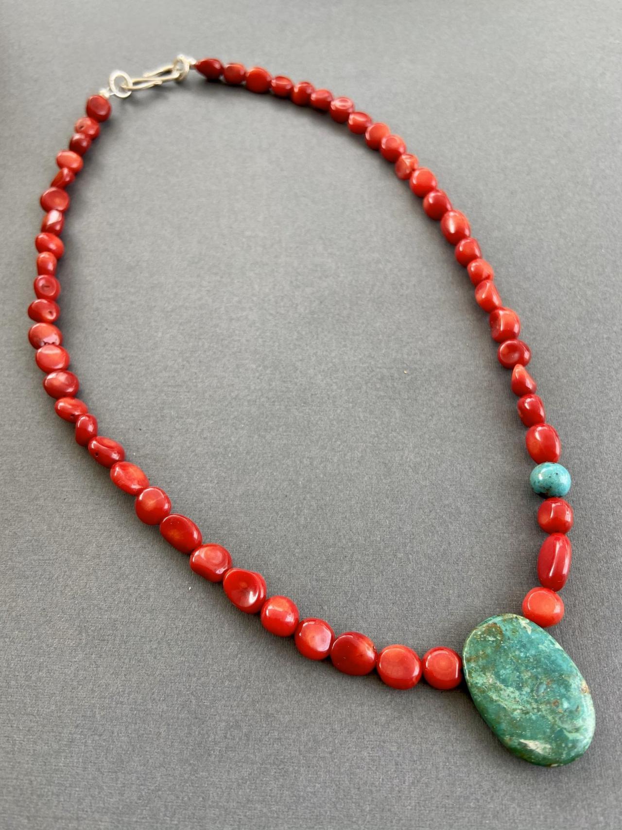 Boho Asymmetrical Natural Turquoise Nuggets Red Coral Arizona Chrysocolla Necklace
