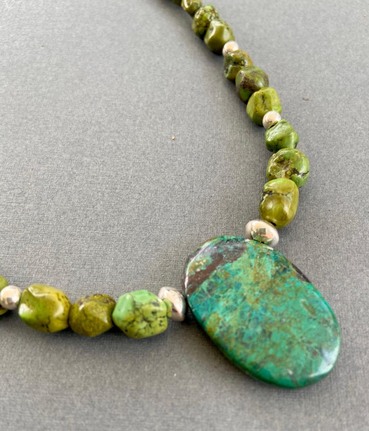 Boho Apple Green Turquoise Nuggets Arizona Chrysocolla Sterling Silver Necklace