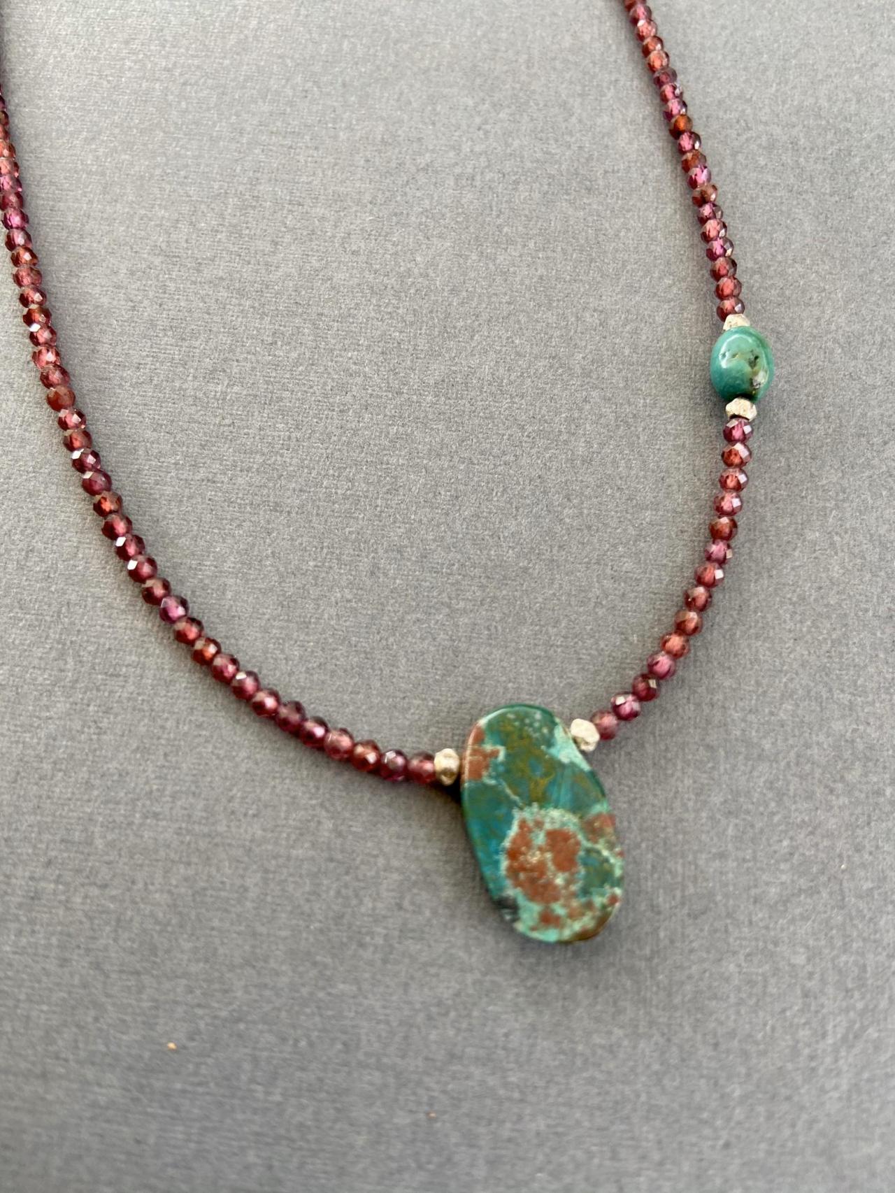 Petite Micro Faceted Garnet Arizona Chrysocolla Turquoise Sterling Necklace Adjustable