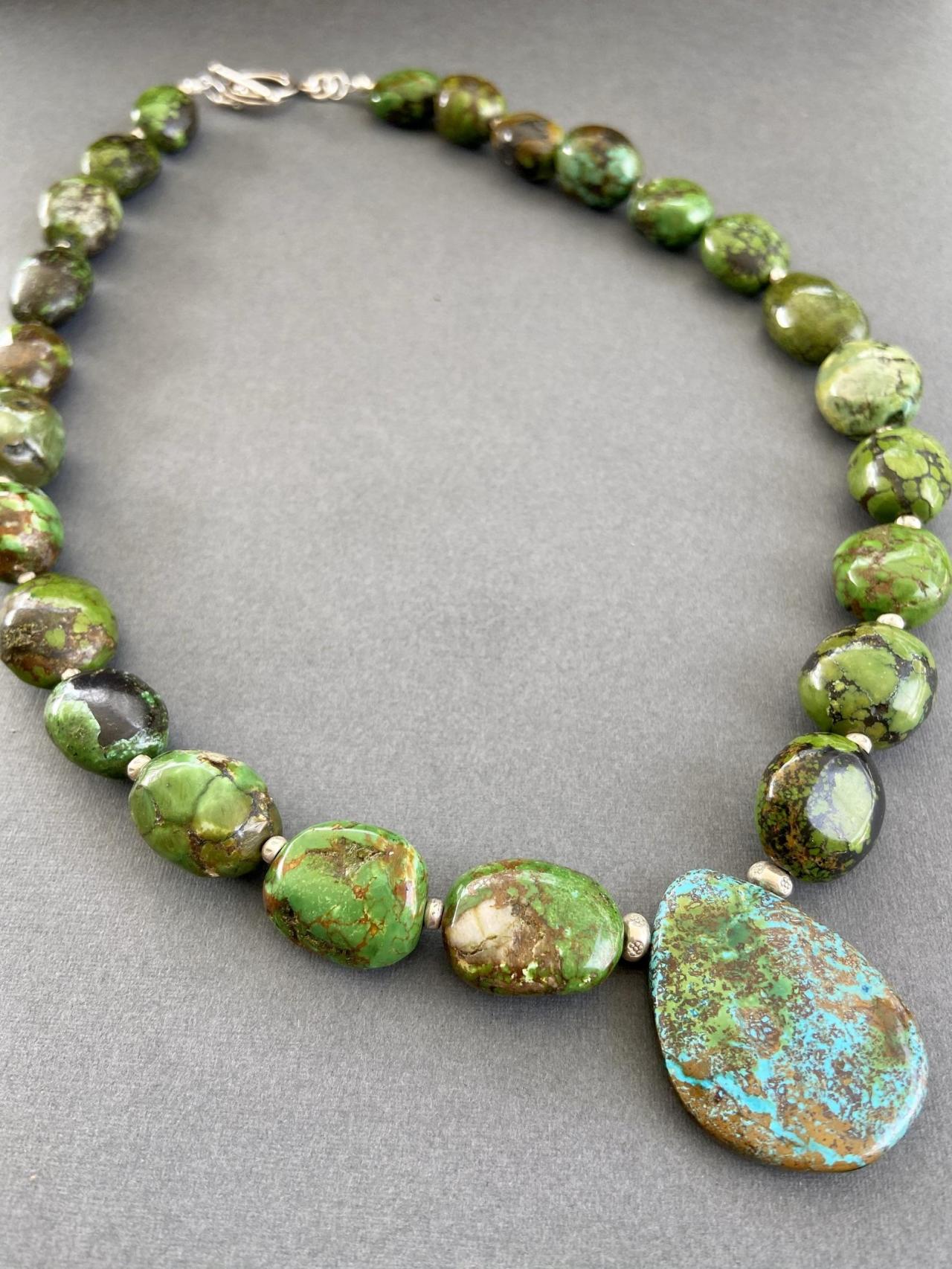 Natural Green Turquoise Arizona Chrysocolla Sterling Silver Chunky Necklace