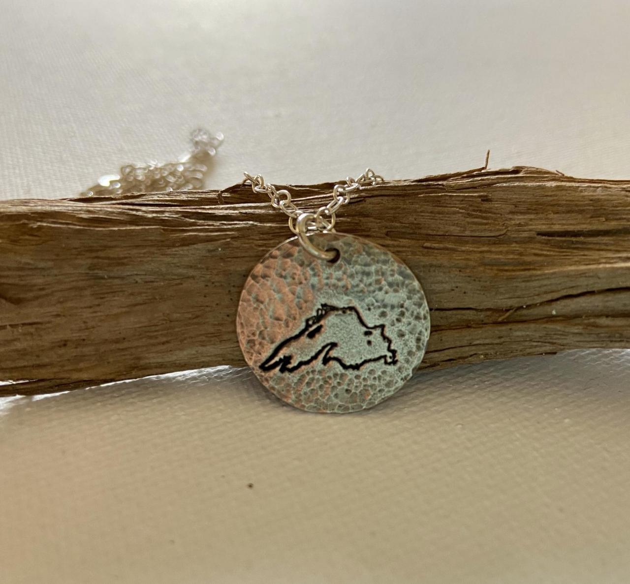 Lake Superior Gitche Gumee Big Lake Hammered Silver Pendant Chain Necklace Great Lakes