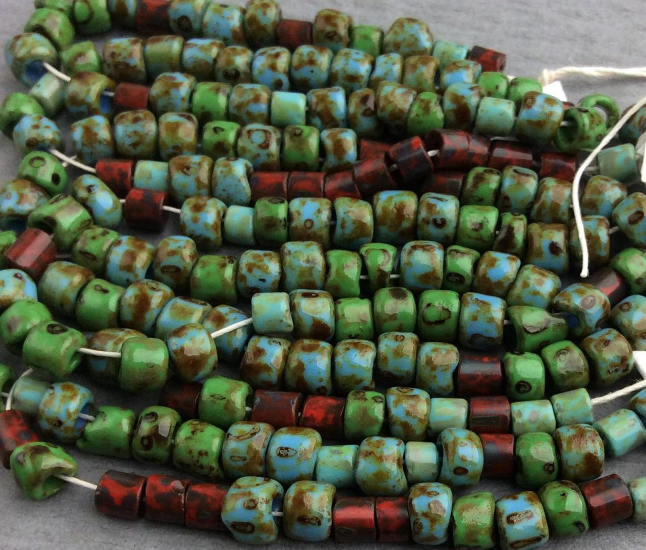 Czech 5/0 Aged Picasso Seed Beads Turquoise Red Big Large Hole