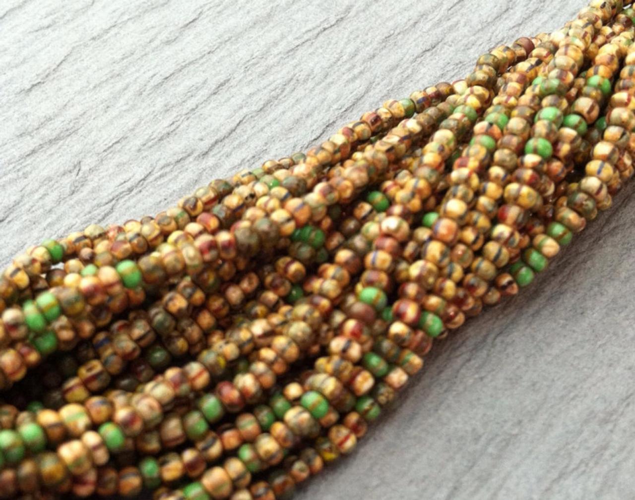Czech 11/0 Seed Beads Aged Picasso Stripe Green Earth Tone Mix Brown Tan