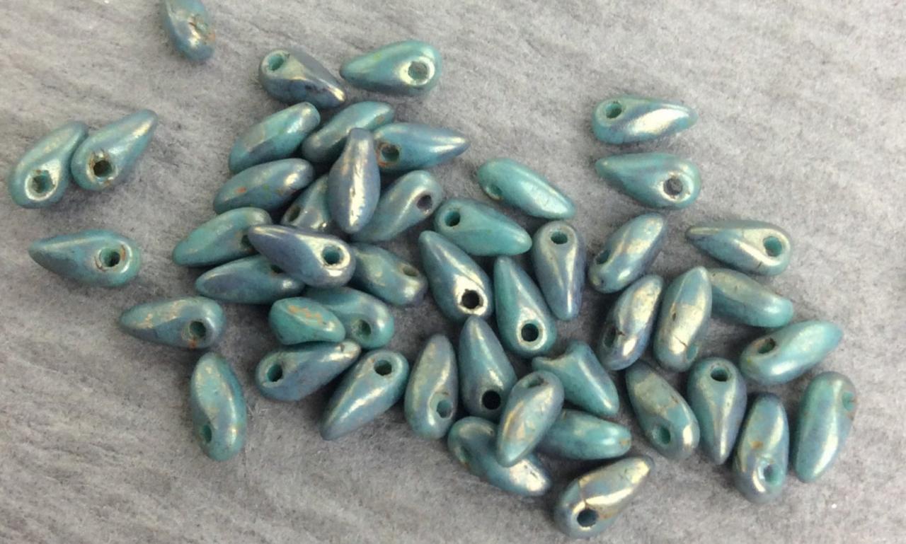 Czech Glass Mini Dagger Beads Turquoise Copper Picasso