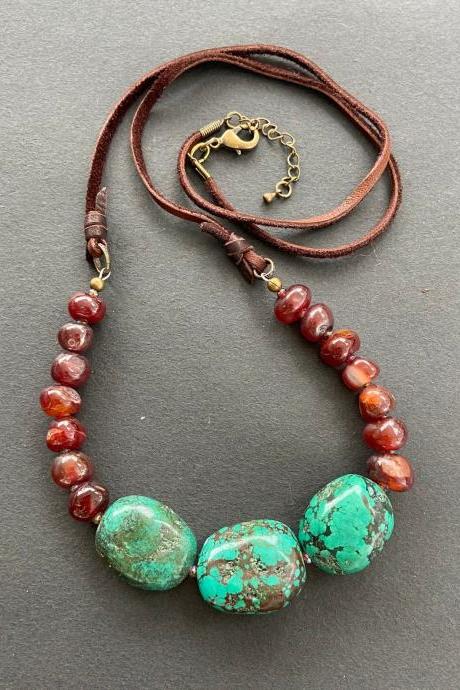 Turquoise Nugget Southwest Blue Green Necklace Statement Chunky Western Agate Carnelian Leather Suede Long Boho Adjustable