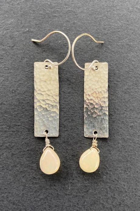 Opal Long Rectangle Drop Dangle Brass Patterned Earrings Earthy Natural Boho Tooled Leather Western 14kt Gold Filled